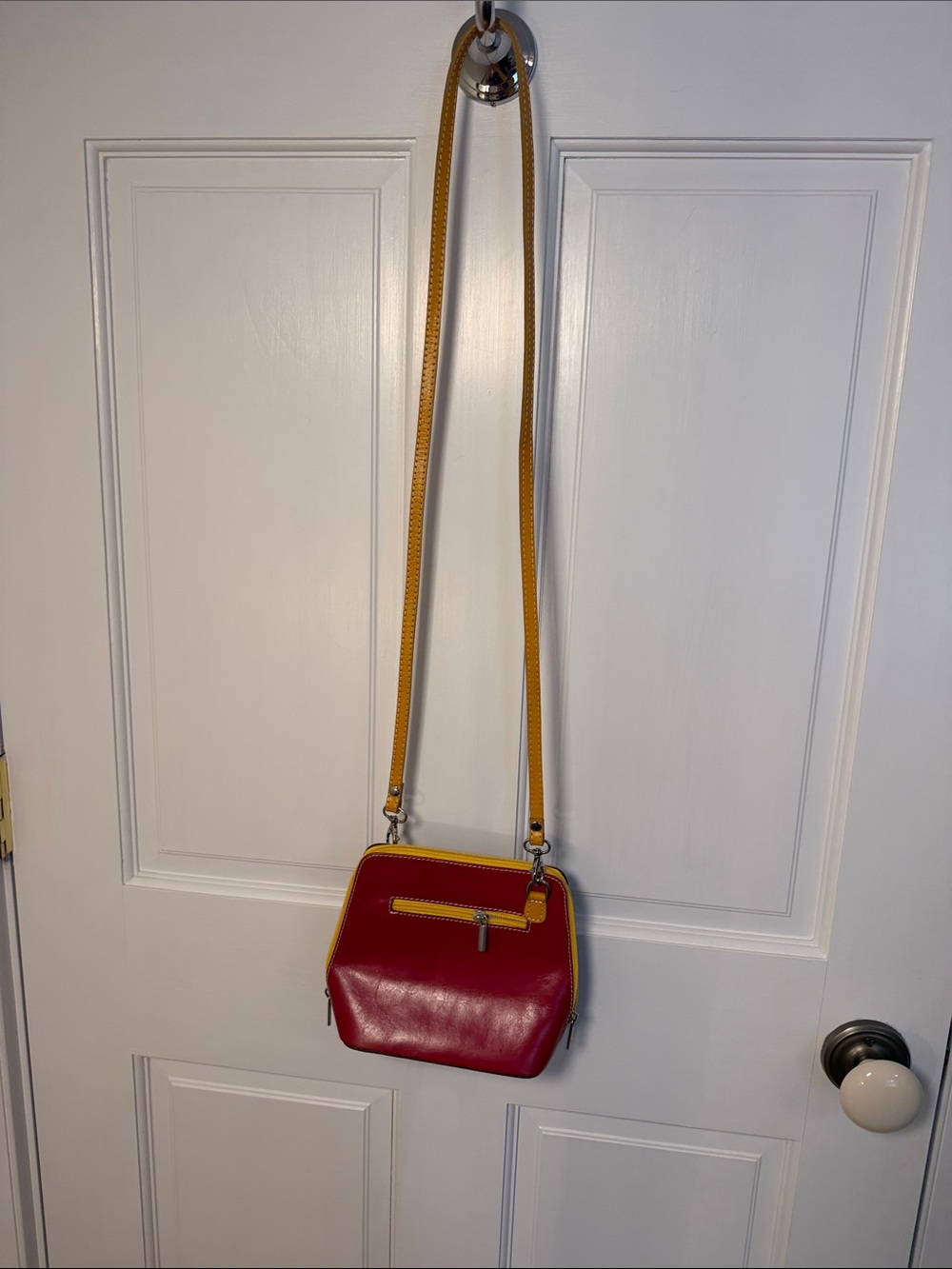 Vera Pelle Leather Women’s Crossbody Bag in Burgundy/ Red with Mustard Strap